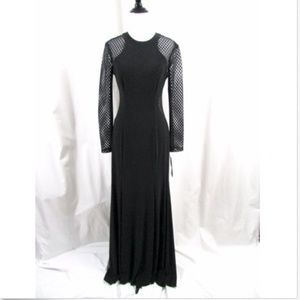 Xscape Black Mesh Cutout Long Sleeve Gown